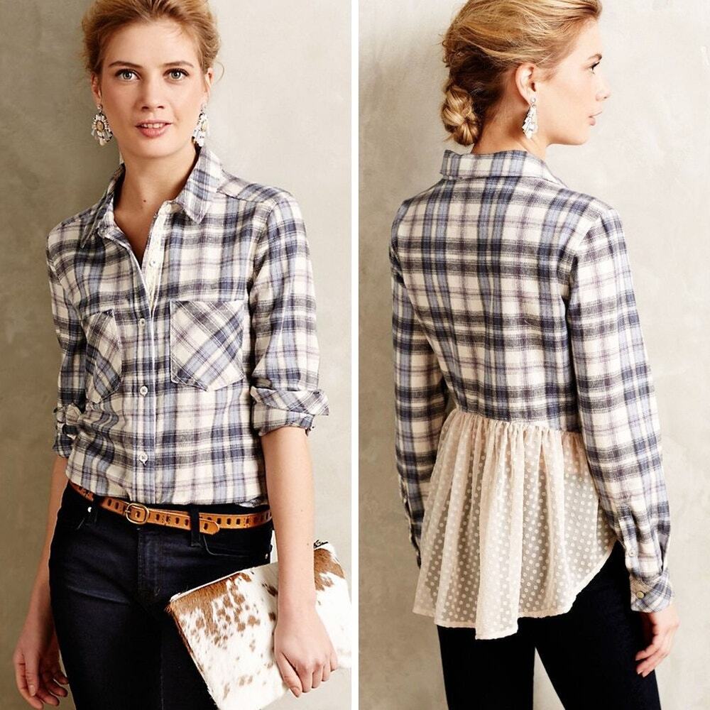 Anthropologie Holding Horses Blue Gray Plaid Flannel Button Down Size XS